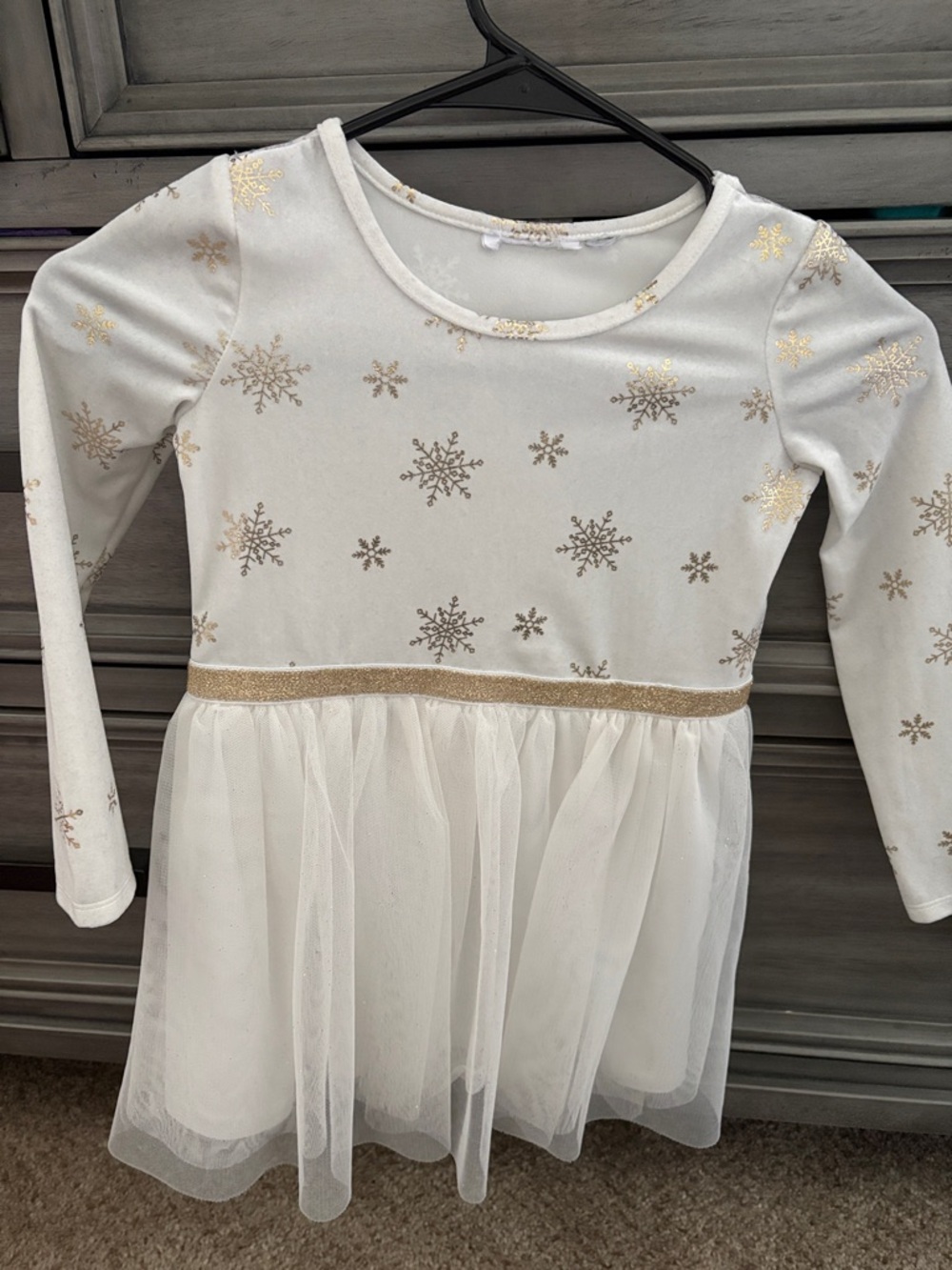 Girls White Tulle Snowflake Dress with Gold Accents